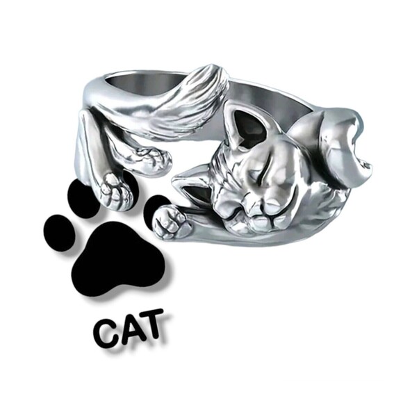 Silver 925 Retro Cat Original Opening Ring Adjustable Knuckle Women Kitty 6-7 - Picture 6 of 12